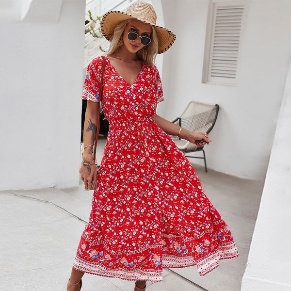 

2021 new summer women v neck floral print lace up boho maxi dress casual button short sleeve split loose holiday sundress qv7x, Black;gray