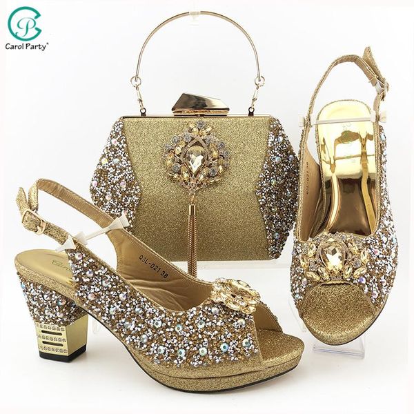 

dress shoes gold color italian design lastest fashion crystal style elegant ladies and bag set decorated with rhinestone for party, Black