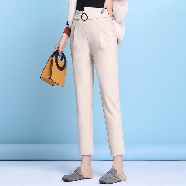 

women's pants & capris plus size women woolen high waist solid pencil black elastic ankle-length winter trousers fall pant p8460, Black;white