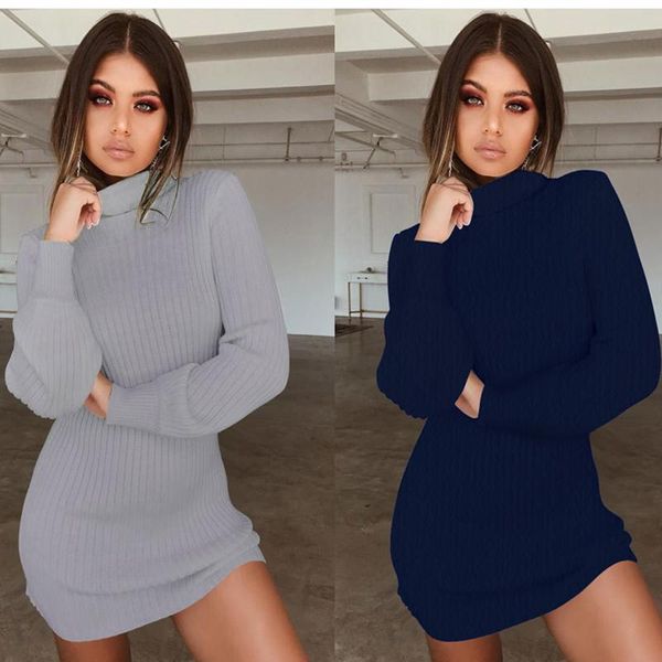 

casual dresses high neck long sleeve knitted sweater basic base dress office pink gray warm winter fashion, Black;gray