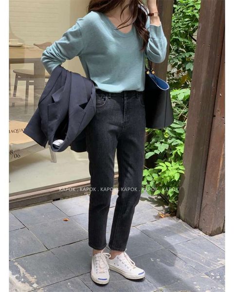 

kapok slim fit high waist cropped women's autumn chic leg pants, Blue