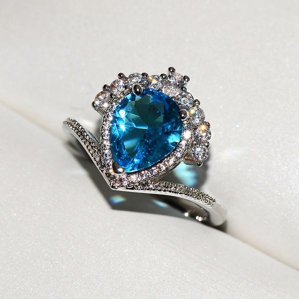 

wedding rings exquisite blue zircon water drop crystal crown for women white gold cz ring ladies party jewelry, Slivery;golden