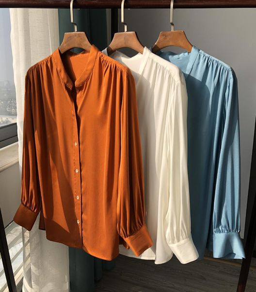 

2021 New Novo 100% De Seda Das Mulheres Blusa Single-breasted Senhoras Escritrio Lanterna Manga Camisas Femininas Topo Cbox, Black