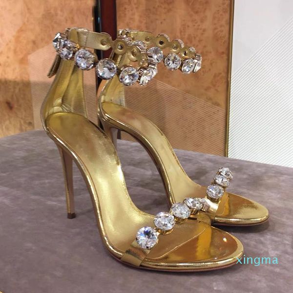 Sandálias de Strass de Ouro Mulheres Aberto de Toe Cristal Diamante Ankle Strap High High Heel Sapatos Mulher Sexy Party Shoes