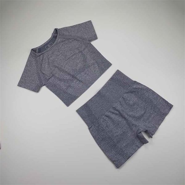 

women vital seamless yoga set fitness short sleeve crop shirts running shorts workout clothes for gym s 2 piece 210802, Gray