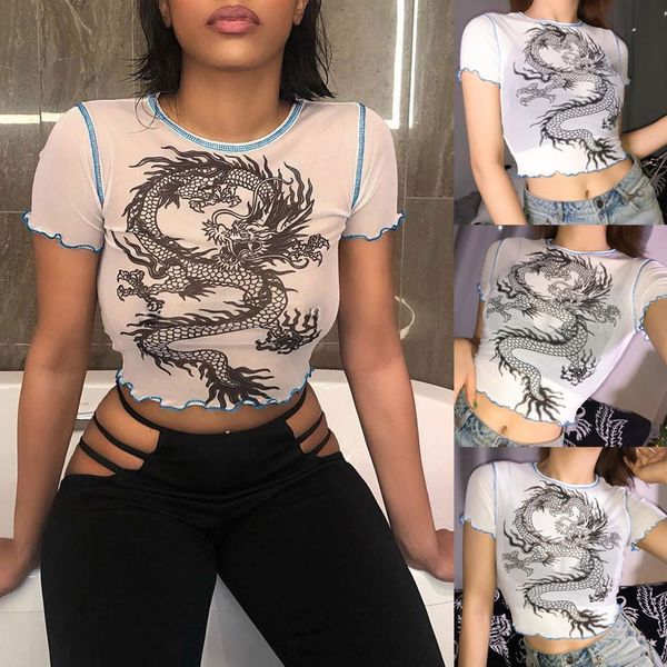 

fashion summer clothes polyester gothic embroidery crop dragon tank print angle funny print for women orange crop, White