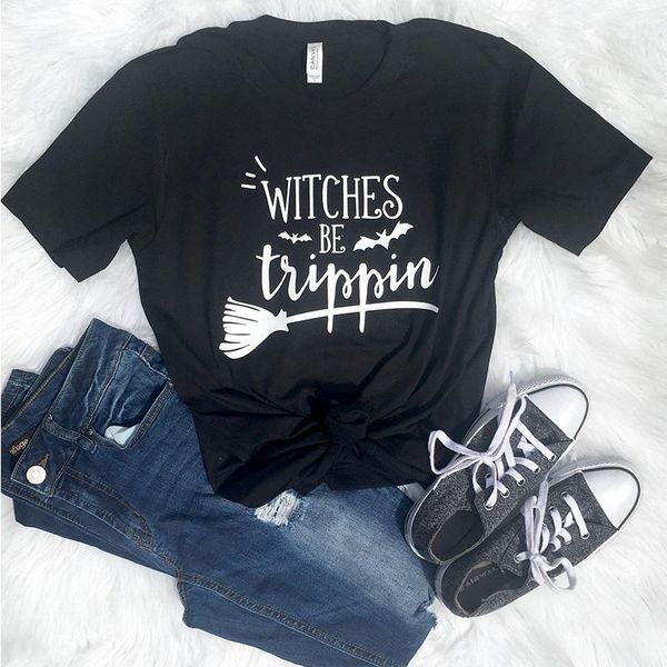 

women's t-shirt women letter casual halloween tee printed witches be trippin printing graphic shirt female couple clothes punk, White