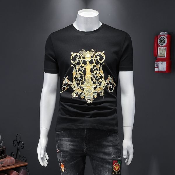 

100% cotton t male shirt luxury gold printing neck-t o-neck shirts 2021 summers casual breathable streetwear plus size 5xl yt6s, White