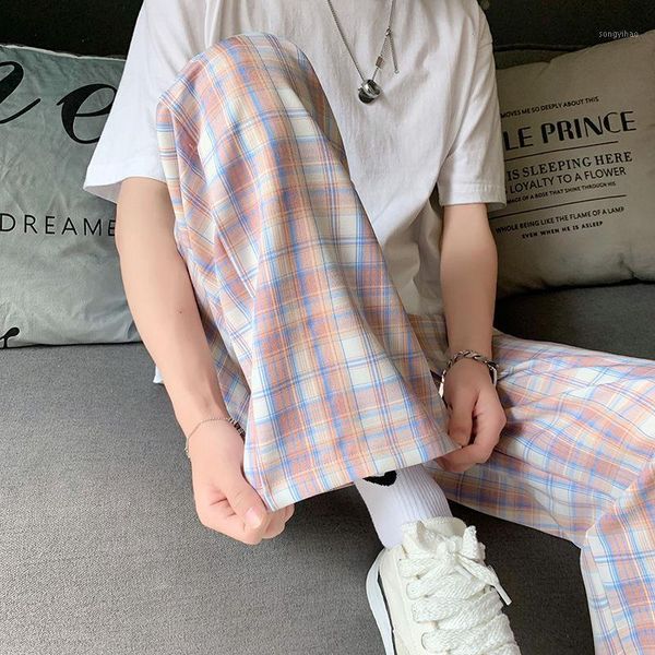 

men's pants summer thin plaid korean fashion straight casual loose wide-leg streetwear trousers men, Black
