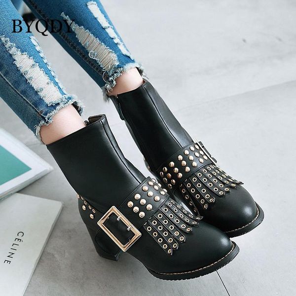 

boots byqdy 2021 rivets pu leather booties buckle straps thick heel black ankle women studded decorated woman motorcycle