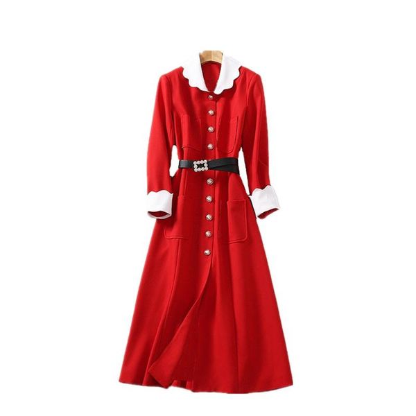 

casual dresses fashion women 2021 spring dress color block white collar long sleeve single breasted beading belt elegant a-line red, Black;gray