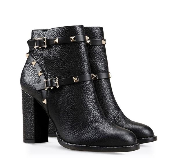 

boots short women's ankle high heel thick autumn and winter metal rivet pure, Black