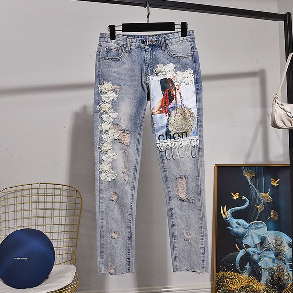 

fashion diamonds print sets women short jeans jacket pants two piece set female loose casual embroidery frayed denim suit 4evw, Blue