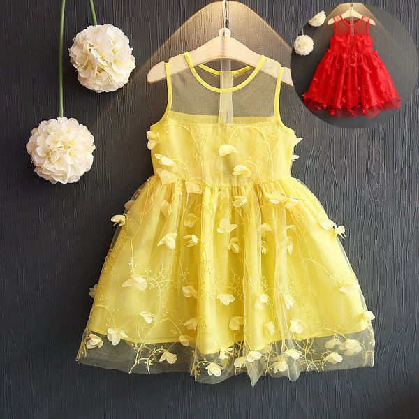 Crianças dança vestidos para meninas verão sem mangas moda amarelo vermelho bebê criança menina princesa vestido de laço vestido presente de festa de aniversário q0716