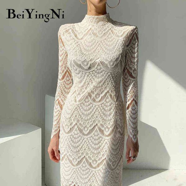 Beiyingni eleganti abiti longuette in pizzo per donna tinta unita vintage stile coreano moda elegante abito sottile donna 2022 abbigliamento Y1212