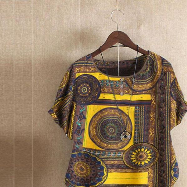 

vintage printing blouse for women summer casual short sleeve cotton and linen o neck print blouse plus size feminino 40, White