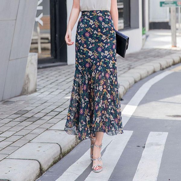 

skirts 2021 summer women chiffon lotus leaf skirt female/lady boho floral printed slim fishtail long plus size 5xl z18, Black