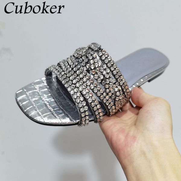 

official website 70% off outlet fashion brand square toe women crystal slippers bling rhinestone decor flat with ladies slides summer runway, Black
