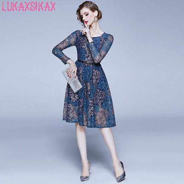 

casual dresses spring autumn women long sleeve slim dress gorgeous floral lace runway elegant party, Black;gray