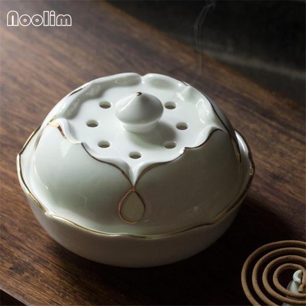 

fragrance lamps antique white lotus coil incense burner with hollow cover gold edge stick holder home office decoration aroma censer