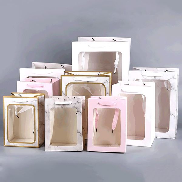

gift wrapping paper bag with transparent window flowers packaging bag with hand rope valentine's day wedding party decoration