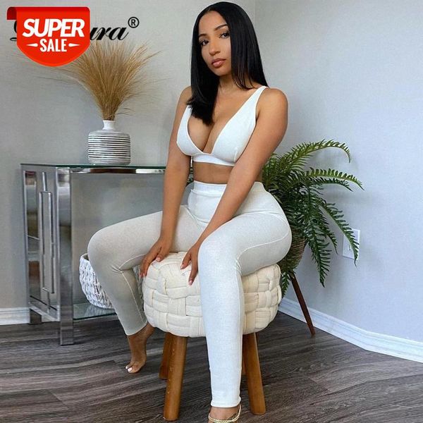 

dulzura ribbed women 2 pieces v neck bra leggings set crop matching co ords 2020 autumn winter clothes sporty tracksuit club #jw1f, White