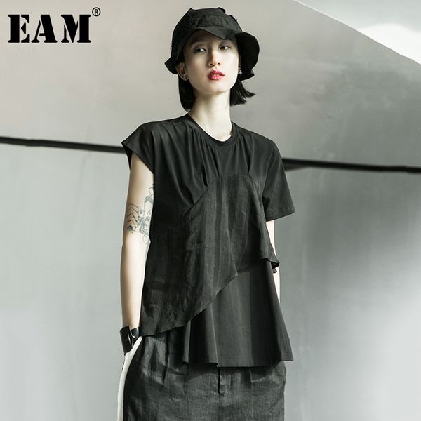 

[eam] women white irregular split joint linen short t-shirt new round neck short sleeve fashion tide spring summer 1x002 210306