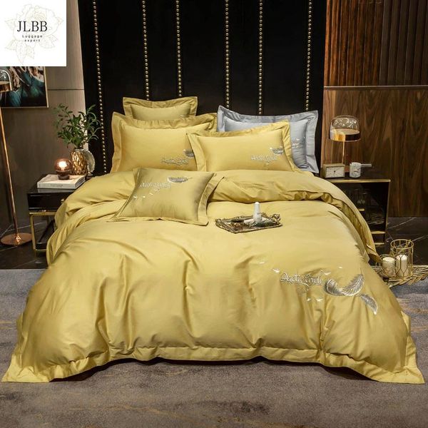 

bedding sets yellow white blue pink purple 100% egyptian cotton feather embroidery duvet cover bed linen fitted sheet pillowcases set