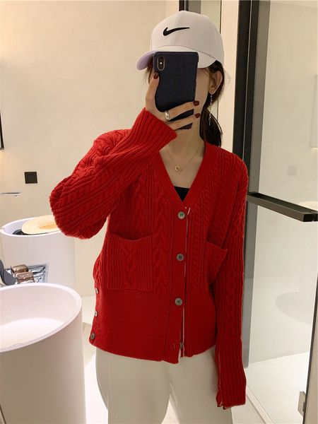 

tb cardigan 1218 korean loose wool twist big red knitted sweater coat women, White