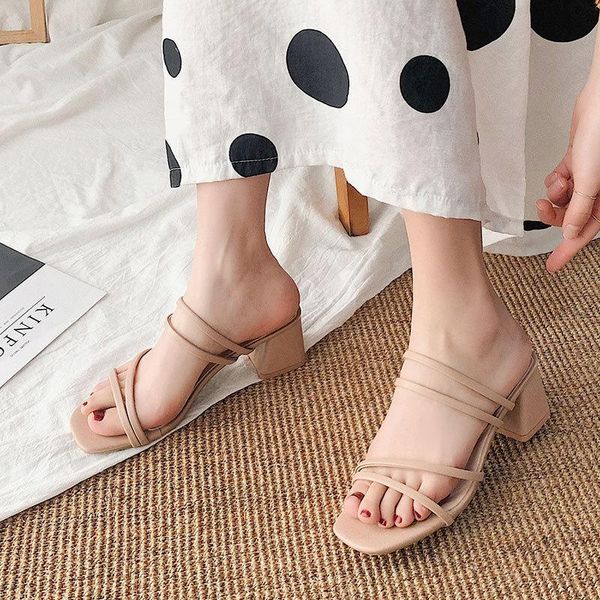

sandals women ladies square heels elegant summer slippers outside cross tied leather female slides 2021 fashion woman, Black