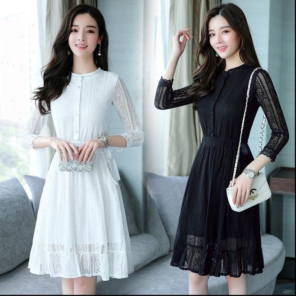 

2021 autumn winter plus size vintage black lace midi dresses women elegant bodycon dress party long sleeve white runway vestidos, Black;gray