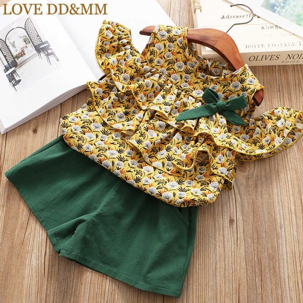 

love dd&mm girls sets summer girls dandelion print chiffon off shoulder cake shirt + cotton shorts two piece set 210715, White