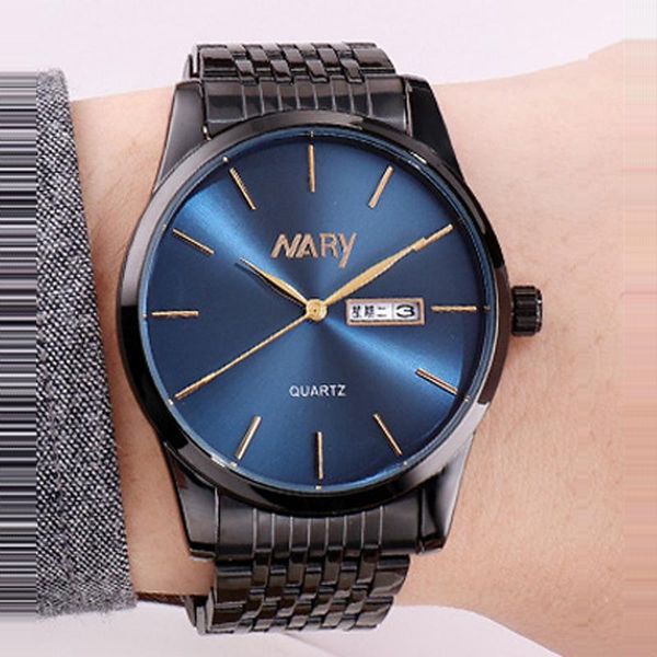 

wristwatches nary watch men blue watches black stainless steel day date quartz wristwatch business reloj hombre, Slivery;brown