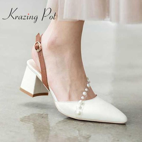 

dress shoes krazing pot 2021 summer genuine leather pointe toe high thick heels pearl beauty lady buckle straps princess style pumps l52, Black