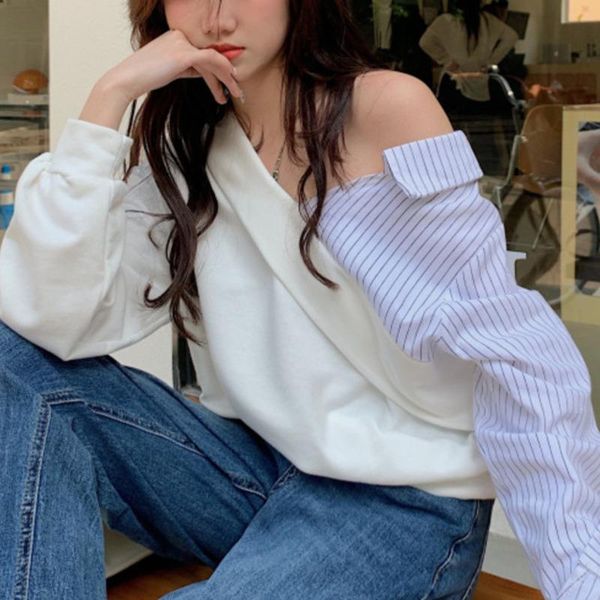 

women's blouses & shirts female off shoulder pullover 2021 spring and autumn striped splicing shirt design sense of minority, White