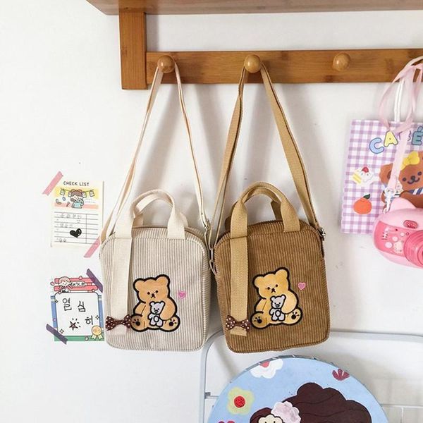 

women cute shoulder bag corduroy embroidery bear soft messenger bag korean girls school style small handbag
