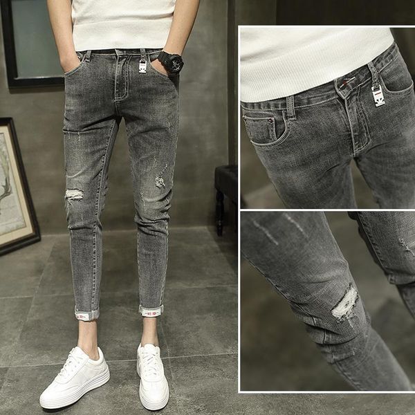 

slim-fit ripped jeans men's feet pants summer 2021 cowboy street retro trend scratched beggar men's pencil pants, Blue