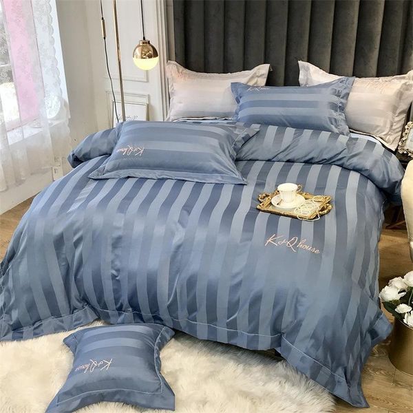 

luxury 60s silk stripes cotton bedding set embroidery solid color l household bed set duvet cover bed sheet  king size