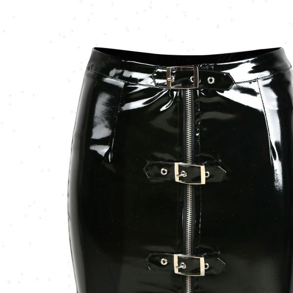 

women wet look pvc latex pencil skirt vinyl zipper adjustable button shiny clubwear bodycon mini skirt, Black
