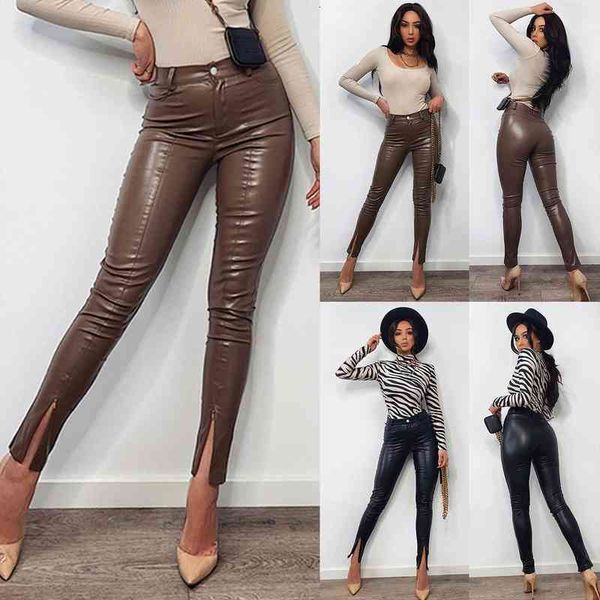 

50 leather women leggings casual pockets slim fit pant leather legging small feet split zip long woman pants mujer pantalones, Black