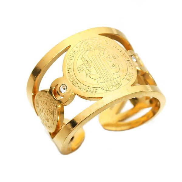 

wedding rings gold silver color 316l stainless steel for women religious benedict of nursia men's open jewelry catholicism gift, Slivery;golden