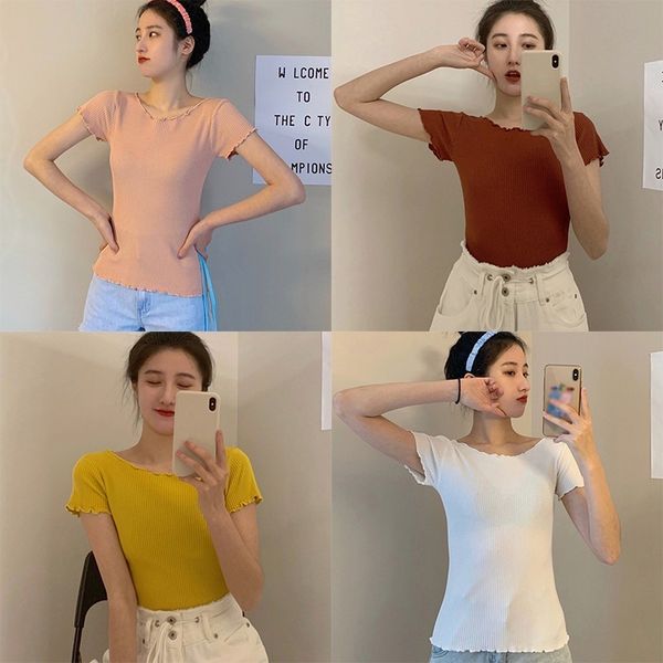 

7 colors women's t-shirts fashion backs o-neck solid short mouw used slender trui summer t-shirt, White