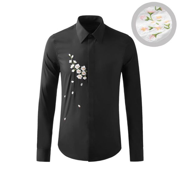 Camicie casual da uomo con ricamo di fiori di ciliegio, maniche lunghe, abito formale da lavoro sottile, camicetta da smoking per feste sociali, chemise homme