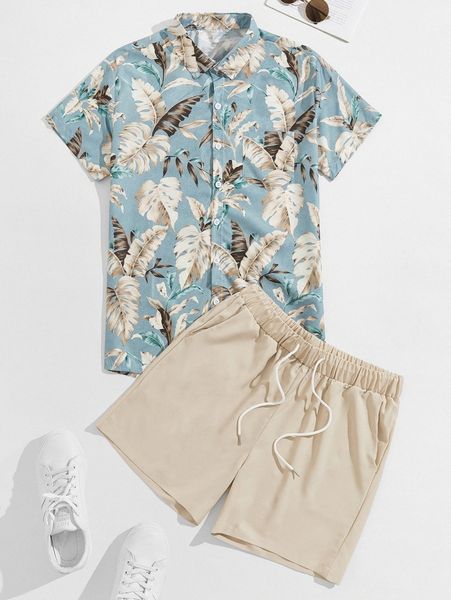 

men allover leaf print shirt & drawstring shorts r86y#, Gray