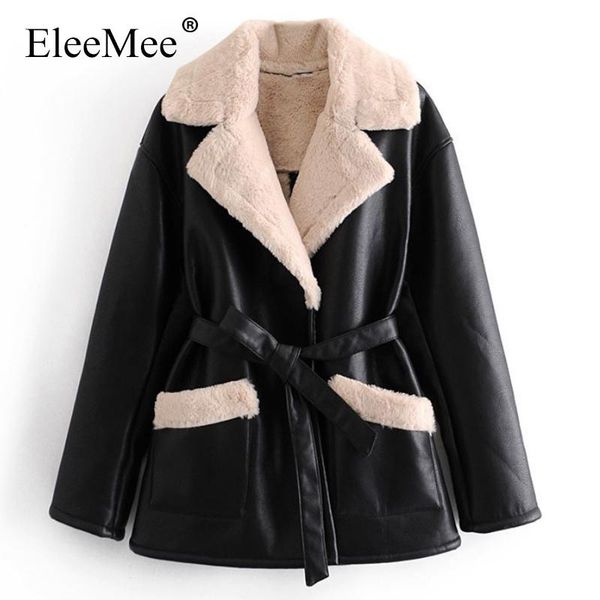 

women's leather & faux eleemee winter jacket with fur sashes warm loose women coat black streetwear cool girl motor fashion size s-l