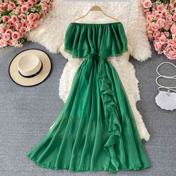 

seaside vacation one-shoulder chiffon dress in summer, waist was thin and elegant, flounced large-length dress 210709, Black;gray