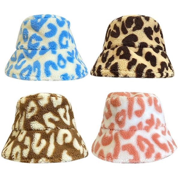 

wide brim hats p8db vintage fluffy bucket hat leopard print fisherman brims show face small warm all-match daily wear autumn winter, Blue;gray