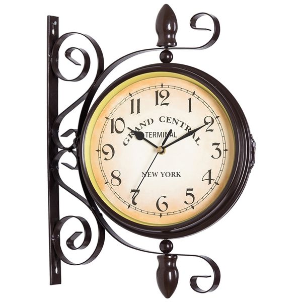 Relógio de parede de dois lados Vintage Silent Sala de estar Double Face Relógios de Ferro Sino Americano Parede Relógio Horloge Mural Decoração SC254 210724