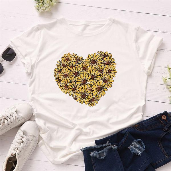 

2021 new fashion women t shirts summer short sleeve daisy floral heart print t-shirts girls graphic tees women clothes, White