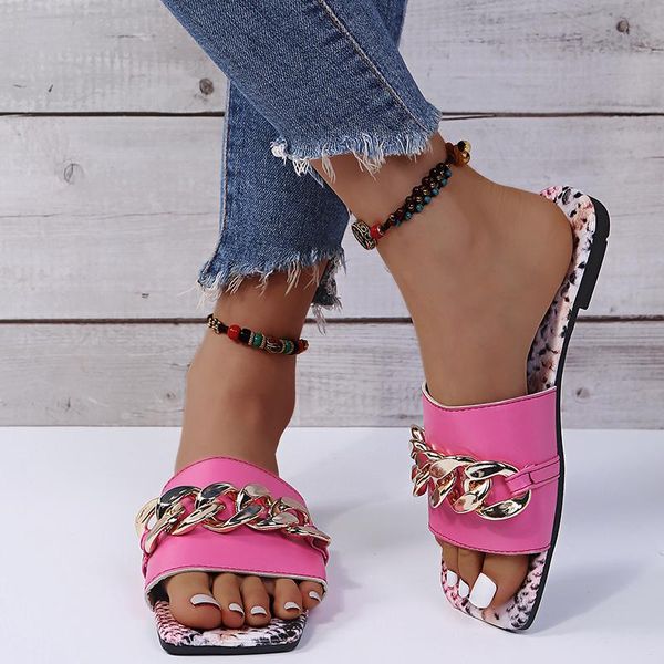 

slippers woman vintage square toe pu leather flip flops 2021 summer women leopard flat soft sole metal chain beach slides, Black